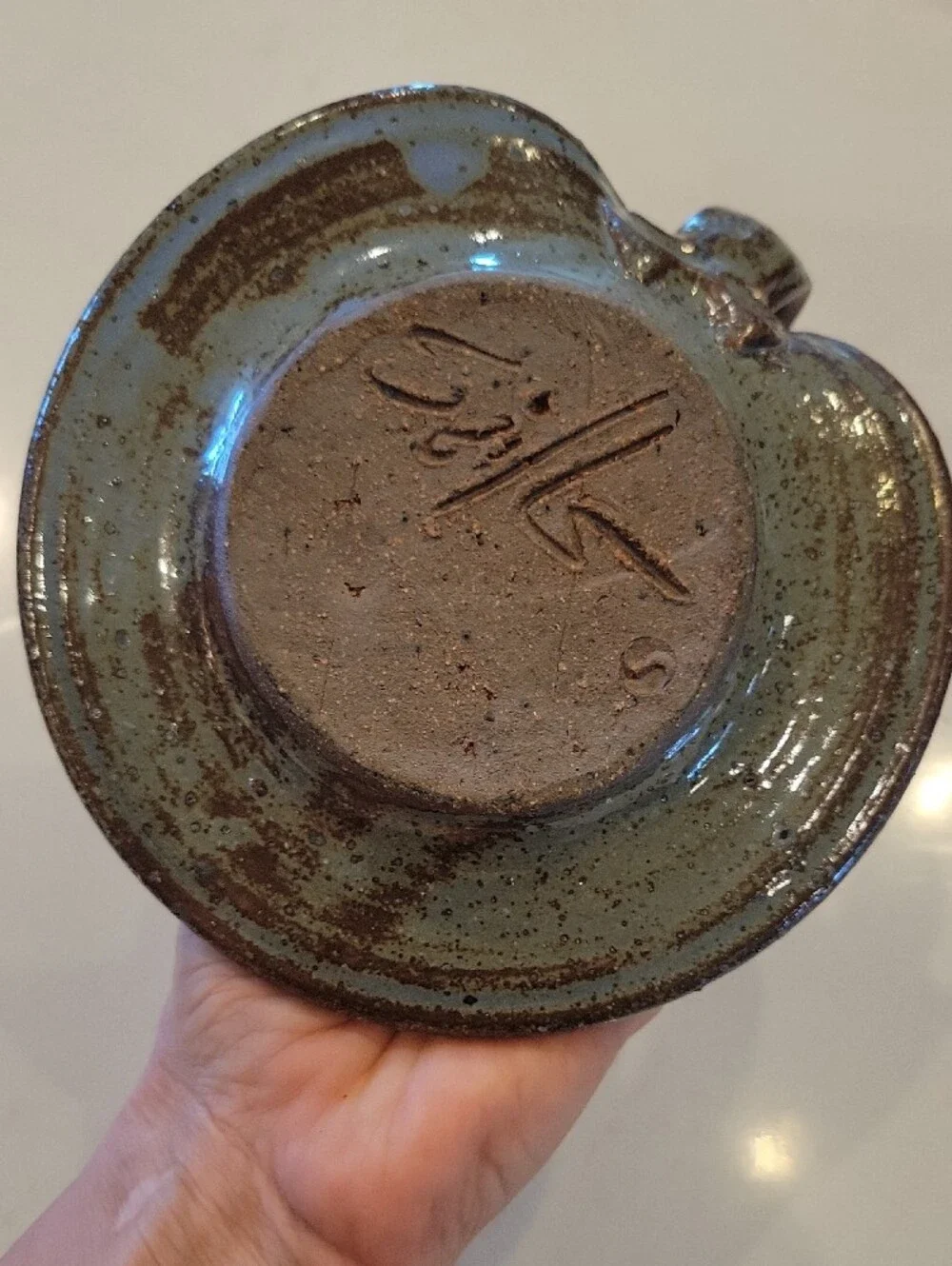 Vintage Hamdmade Speckled Sage Green Ceramic Chamberstick Candle Holder